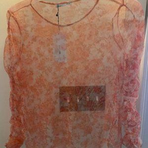 Zara Women L orange floral sheer mesh long sleeve